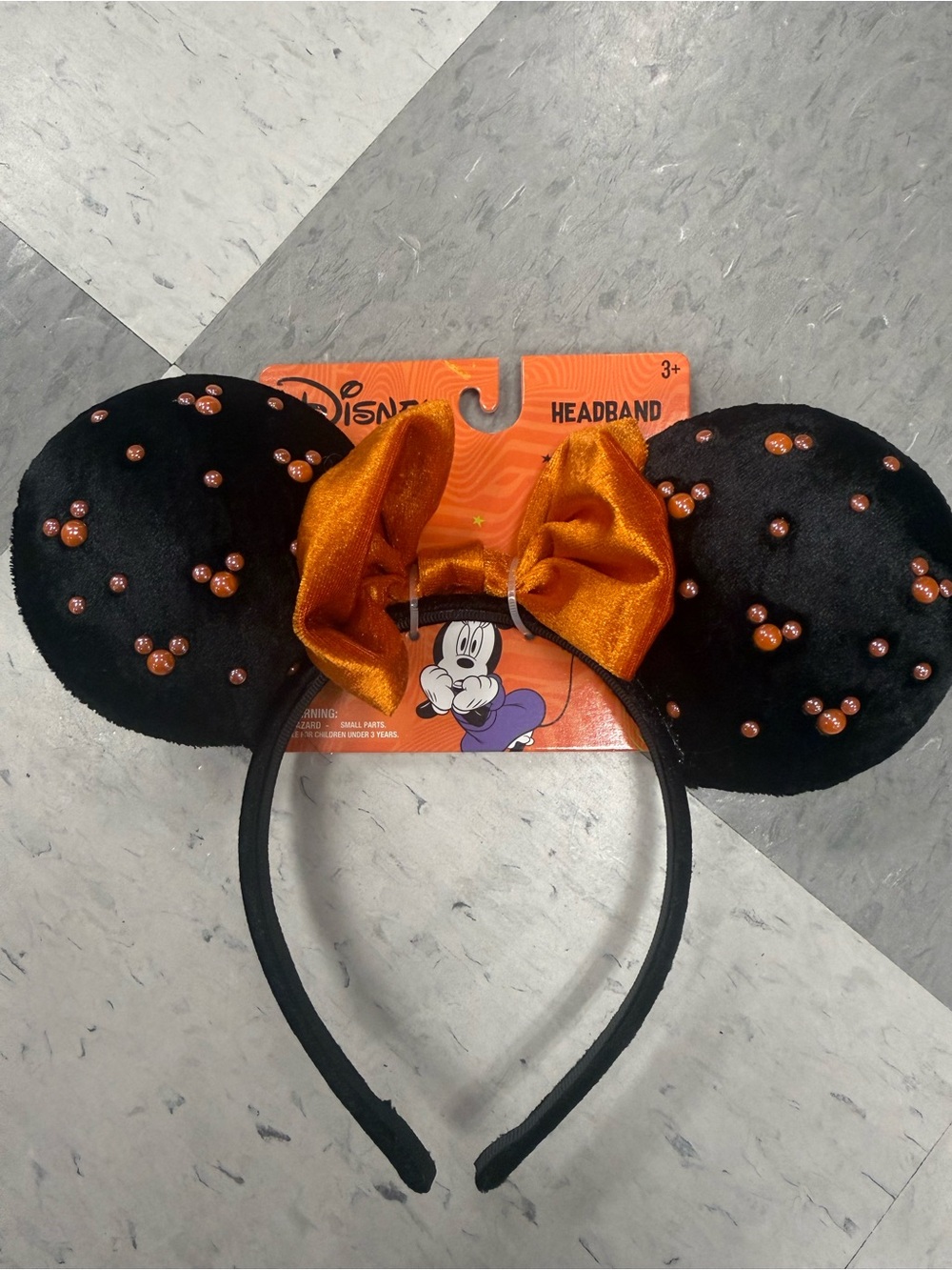 Disney Black Minnie Ears Headband with Orange Sequin Accents and Orange Bow